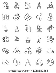 thin line vector icon set - thermometer vector, drawing compass, atom, microscope, magnet, flask, pills, molecule, oxygen, satellite, antenna, vial, dna, drop counter, ovule