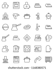 thin line vector icon set - iron vector, steaming, pan, camping cauldron, kettle, cook glove, turk coffee, toaster, oven, thermometer, bbq, steak, flammable, fireplace, maker, hair dryer, heater
