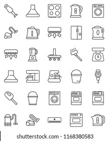 thin line vector icon set - vacuum cleaner vector, bucket, kettle, scales, oven, blender, air conditioner, fridge, washer, coffee maker, hood
