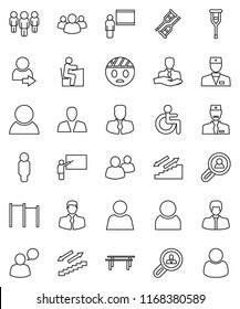 thin line vector icon set - blackboard vector, student, manager, man, horizontal bar, stairways run, client, speaking, group, disabled, doctor, crutches, head bandage, user, login, search, consumer