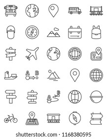 thin line vector icon set - camping cauldron vector, backpack, compass, school bus, world, bike, signpost, navigator, earth, Railway carriage, plane, ship, route, globe, pin, mountain