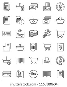 thin line vector icon set - dollar coin vector, cart, credit card, stack, receipt, estate document, search, new, buy, barcode, reader, basket, shopping list