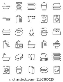 thin line vector icon set - soap vector, fetlock, bucket, sponge, towel, bath, drying clothes, washer, washing powder, shower, sink, dishwasher