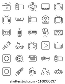thin line vector icon set - cinema clap vector, film spool, tv, gamepad, video camera, remote control, play button, stop, rec, hdmi, web, projector