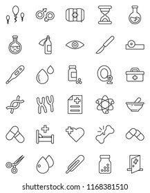 thin line vector icon set - atom vector, flask, pills vial, heart cross, first aid kit, oxygen, doctor bag, thermometer, eye, gender sign, dna, scissors, scalpel, broken bone, sand clock, bottle