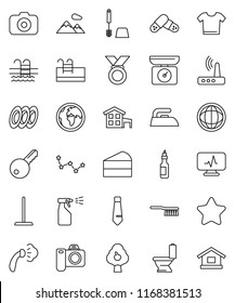 thin line vector icon set - fetlock vector, mop, iron, steaming, toilet, brush, sprayer, plates, cake, oil, world, constellation, tie, medal, pool, earth, camera, pills, diagnostic monitor, router