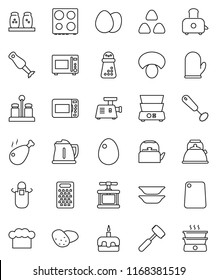 thin line vector icon set - kettle vector, cook hat, apron, glove, press, whisk, meat hammer, cutting board, hand mill, grater, toaster, microwave oven, double boiler, spices, blender, plates, egg