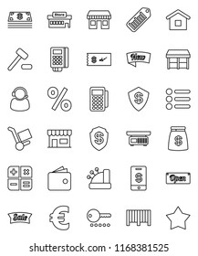 thin line vector icon set - wallet vector, euro sign, office, barcode, cash, money bag, sale, new, open, percent, market, store, mall, support, card reader, cashbox, home, calculator, auction, check