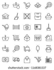 thin line vector icon set - scoop vector, washing powder, cereal, archive, safe, first aid kit, wood box, cargo, no trolley, warehouse, package, search, relocation truck, gift, cashbox, basket