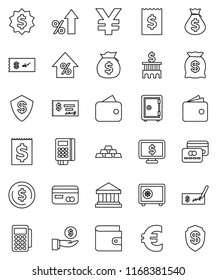 thin line vector icon set - bank vector, dollar coin, wallet, percent growth, money bag, investment, check, building, receipt, medal, safe, monitor, euro sign, yen, gold ingot, credit card, reader