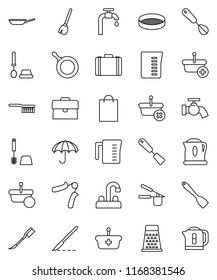 thin line vector icon set - broom vector, fetlock, water tap, car, toilet brush, pan, measuring cup, cook press, whisk, spatula, grater, sieve, case, hand trainer, umbrella, scalpel, supply, basket