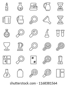 thin line vector icon set - scraper vector, window cleaning, shining, measuring cup, jug, jar, oil, magnifier, flask, glass, cargo search, vial, sand clock, estate, client, coffee maker, blender