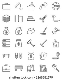 thin line vector icon set - scraper vector, vacuum cleaner, rake, steaming, student, case, money bag, horizontal bar, big scales, group, vial, scissors, data, bench, construction crane, 24 hour