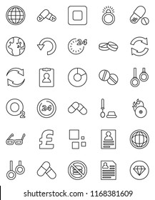thin line vector icon set - toilet brush vector, glasses, world, personal information, pie graph, pound, pills, no fastfood, gymnast rings, oxygen, music hit, stop button, refresh, undo, loading