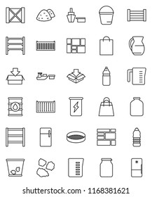 thin line vector icon set - bucket vector, trash bin, garbage pile, measuring cup, jug, sieve, jar, enegry drink, water bottle, sea container, port, wood box, consolidated cargo, oil barrel, package