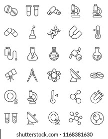 thin line vector icon set - thermometer vector, drawing compass, atom, telescope, microscope, magnet, flask, molecule, oxygen, satellite, antenna, vial, dna, pills, drop counter, ovule