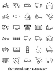 thin line vector icon set - school bus vector, bike, plane, traffic light, ship, truck trailer, sea container, delivery, car, port, cargo, warehouse, Railway carriage, disabled, amkbulance, trolley