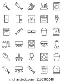 thin line vector icon set - vacuum cleaner vector, bucket, kettle, scales, oven, blender, air conditioner, fridge, washer, coffee maker
