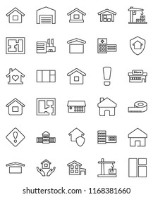 thin line vector icon set - house hold vector, school building, measuring, dry cargo, hospital, home, attention sign, cottage, barn, plan, love, construction crane, protect, mall, window