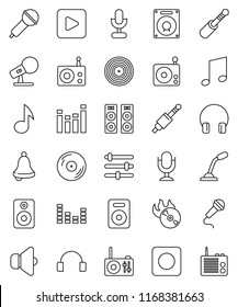 thin line vector icon set - bell vector, music, disk, hit, microphone, radio, speaker, equalizer, headphones, play button, rec, jack