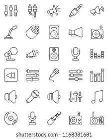 thin line vector icon set - music vector, disk, microphone, radio, speaker, loudspeaker, settings, equalizer, backward button, rca, jack