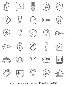 thin line vector icon set - rubber glove vector, dollar shield, safe, attention, traffic light, amkbulance car, lock, unlock, key, sign, siren, home protect, password