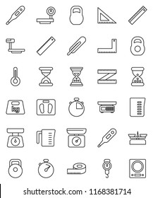thin line vector icon set - measuring cup vector, scales, corner ruler, sand clock, stopwatch, weight, big, thermometer, store, kitchen