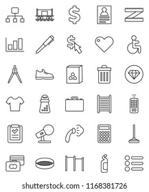 thin line vector icon set - mop vector, trash bin, steaming, cleaning agent, washboard, hand mill, sieve, cereal, drawing compass, case, pen, personal information, graph, credit card, calculator