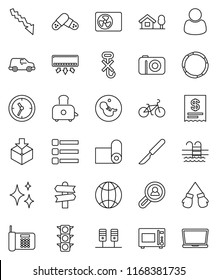 thin line vector icon set - shining vector, toaster, microwave oven, crisis, bike, boxing glove, fitness mat, pool, hoop, signpost, traffic light, car, clock, no hook, package, pregnancy, scalpel