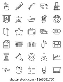 thin line vector icon set - scraper vector, cleaner trolley, bath, washing powder, shining window, cook timer, flask, graph, target, sand clock, dollar flag, heart monitor, plane, car, tv, favorites