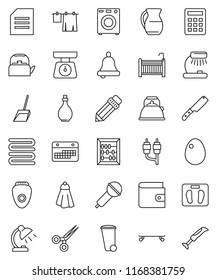thin line vector icon set - scoop vector, towel, trash bin, drying clothes, kettle, oil, scales, knife, jug, egg, pencil, bell, table lamp, abacus, document, wallet, skateboard, calendar, microphone