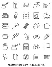 thin line vector icon set - water tap vector, washing powder, pan, meat hammer, turk coffee, pen, pencil, glasses, compass, document, flag, any currency, stadium, bike, roller Skates, tulip, weight