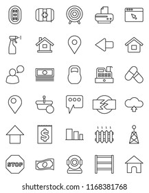 thin line vector icon set - sprayer vector, cash, arrow up, target, pills, first aid kit, stadium, map pin, receipt, sorting, weight, shelving, antenna, speaking man, browser, message, cloud upload