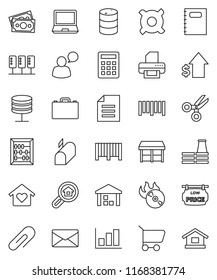 thin line vector icon set - copybook vector, case, scissors, abacus, document, graph, dollar growth, any currency, money, warehouse, oil barrel, barcode, music hit, speaking man, server, network