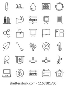 thin line vector icon set - water drop vector, window cleaning, ladle, thermometer, backpack, schedule, presentation, flag, leaf, target, dollar medal, tie, jump rope, muscule hand, molecule, hoop