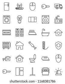 thin line vector icon set - mop vector, welcome mat, toilet, sink, home, key, cottage, bath, relocation truck, love, protect, password, iron, washer, fridge, multi cooker, blender, speaker, heater