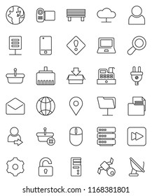 thin line vector icon set - notebook pc vector, world, map pin, satellite, document, mobile phone, mail, forward button, network folder, cloud, big data, gear, lan connector, bench, globe, user