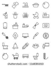 thin line vector icon set - fetlock vector, welcome mat, toilet, foam basin, apron, skimmer, pencil, blackboard, student, bell, exchange, fitball, pool, ship, truck trailer, group, battery, dropper