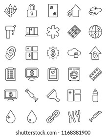 thin line vector icon set - scraper vector, water drop, window cleaning, shining, dollar growth, medal, monitor, bottle, internet, ambulance star, pills blister, chromosomes, cloud lock, chain, pond