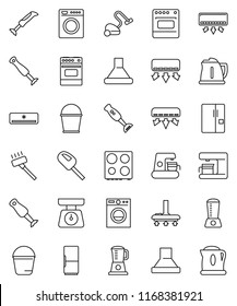 thin line vector icon set - vacuum cleaner vector, bucket, kettle, scales, oven, blender, air conditioner, fridge, washer, coffee maker, hood