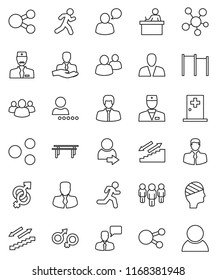 thin line vector icon set - student vector, manager, man, horizontal bar, stairways run, client, speaking, social media, group, doctor, gender sign, head bandage, medical room, share, login