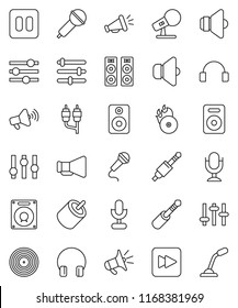thin line vector icon set - disk vector, music hit, microphone, speaker, loudspeaker, settings, headphones, pause button, forward, rca, jack, equalizer