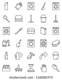 thin line vector icon set - broom vector, vacuum cleaner, mop, bucket, sponge, car fetlock, steaming, washer, washing powder, cleaning agent, rubber glove