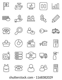thin line vector icon set - sprayer vector, spices, pencil, backpack, graph, pie, investment, dollar flag, cursor, phone, radio, classic, group, pause button, amkbulance car, diagnostic monitor