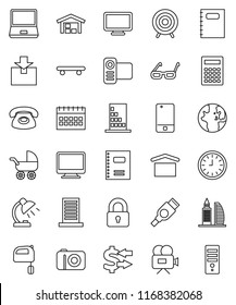 thin line vector icon set - mixer vector, copybook, glasses, table lamp, calculator, world, exchange, clock, calendar, skateboard, target, dry cargo, package, video camera, mobile phone, notebook pc