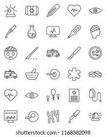 thin line vector icon set - flask vector, heart pulse, first aid kit, ambulance star, thermometer, eye, insemination, dropper, scalpel, pills, mortar, microbs, chromosomes, anamnesis, amkbulance car