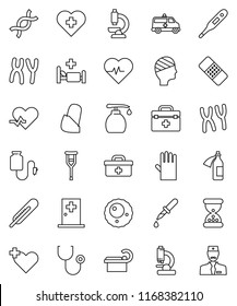 thin line vector icon set - liquid soap vector, rubber glove, heart pulse, cross, doctor bag, thermometer, dna, dropper, crutches, sand clock, patch, stethoscope, microscope, chromosomes, tomography