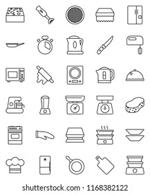 thin line vector icon set - sponge vector, pan, scales, cook hat, glove, timer, knife, rolling pin, cutting board, microwave oven, blender, plates, sieve, dish, fridge, mixer, coffee maker, kitchen