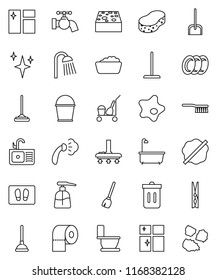 thin line vector icon set - plunger vector, cleaner trolley, broom, vacuum, fetlock, mop, scoop, bucket, clothespin, sponge, trash bin, water tap, shining, window cleaning, splotch, welcome mat