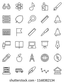 thin line vector icon set - book vector, pen, pencil, blackboard, ruler, drawing compass, glasses, student, apple fruit, atom, bell, notebook pc, schedule, school bus, abacus, presentation, music
